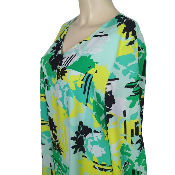 KAARI Blue V-Neck Long keyhole Sleeve yellow green abstract print Dress Size L - Picture 13 of 16